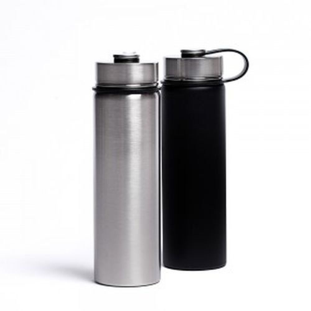 Botella de acero inoxidable de doble pared insulada al vacío para mantener las bebidas frías o calientes por más horas, Terminado Arena o Acero, Tapa con cierre de rosca y agarradera, Capacidad de 650 ml, Certificación FDA, Mod. Bombay imagen