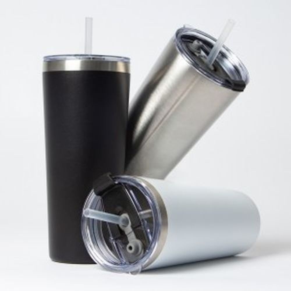 Termo de acero inoxidable de doble pared insulada al vacío para mantener las bebidas frías o calientes por más horas, Terminado arena, tapa anti derrames, popote y tapa cubre popote con  capacidad de 650 ml, Certificación FDA,
 Mod. Laos imagen