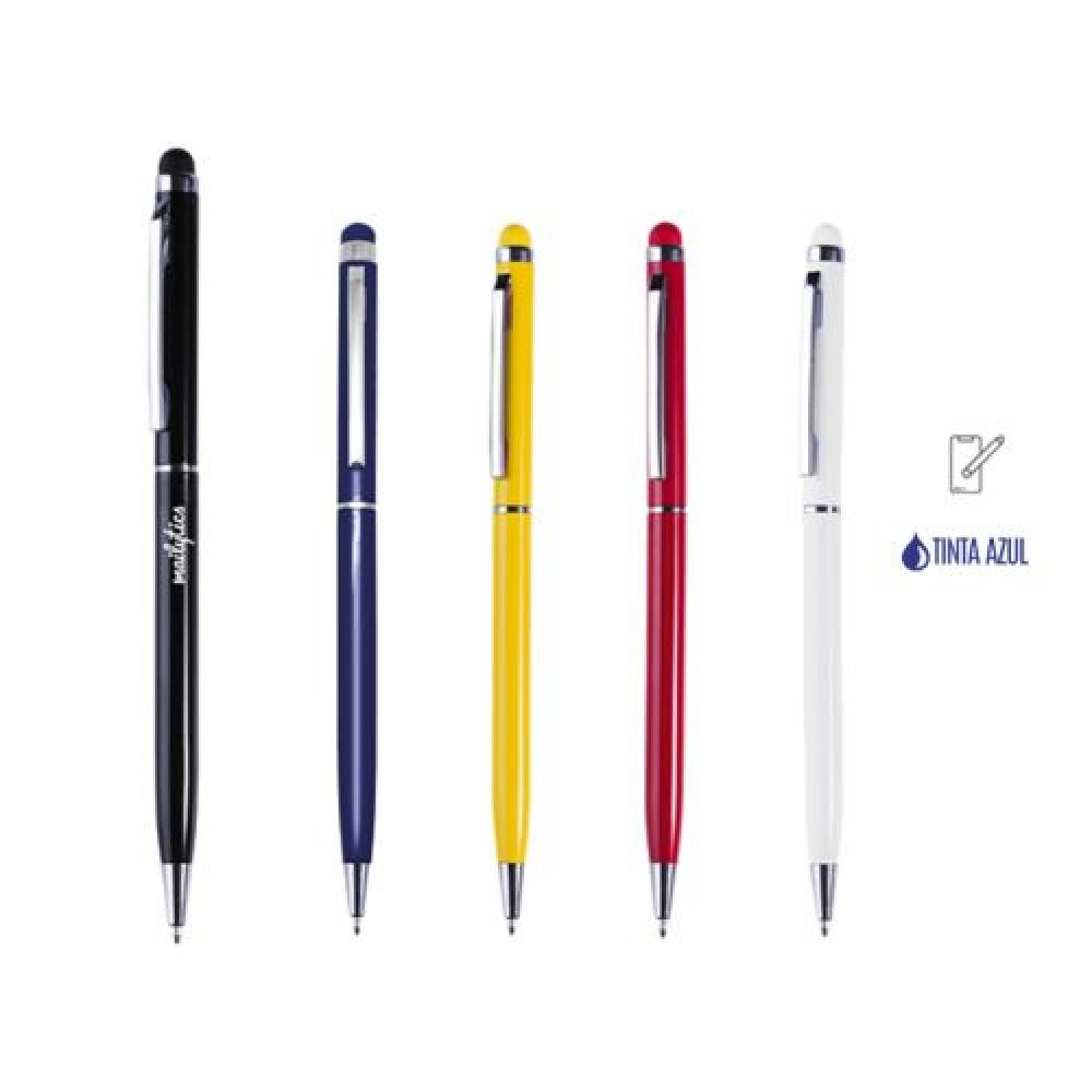 Bolígrafo metálico delgado y ligero de tinta azul, es de color sólido con acabado brillante, cuenta con clip, punta y detalles en cromo. Tiene touch del color del bolígrafo para dispositivos táctiles. Mecanismo retráctil. imagen