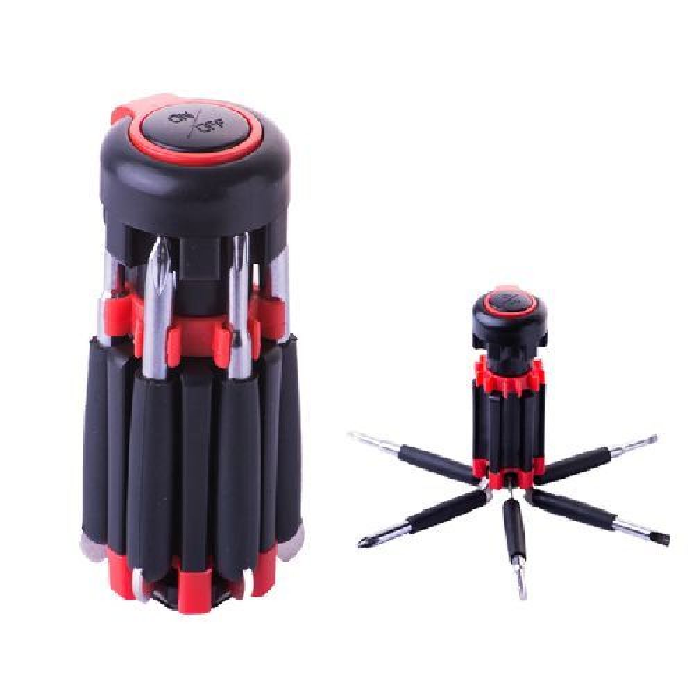 DESARMADOR DYNAMIC Desarmador con lámpara todo en uno, cuerpo de plástico, con botón encendido/apagado, 5 puntas diferentes y 4 LEDS. Cuenta con mecanismo de bloqueo para seguro de los desarmadores. Fácil de usar y transportar. Utiliza 2 baterías AAA (no incluidas). Presentación: caja en color blanco imagen