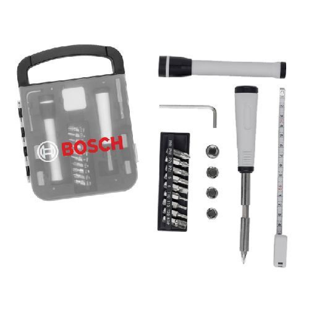 KIT DE HERRAMIENTAS MIKEL Kit de herramientas de 19 piezas ideal para uso doméstico. Incluye: desarmador, extensión, 10 puntas de desarmador; 4 dados, desarmador hexagonal, mini flexómetro de 1 m. y linterna que utiliza baterías, (2 pilas AAA) no incluidas. Presentación: caja en color blanco. imagen