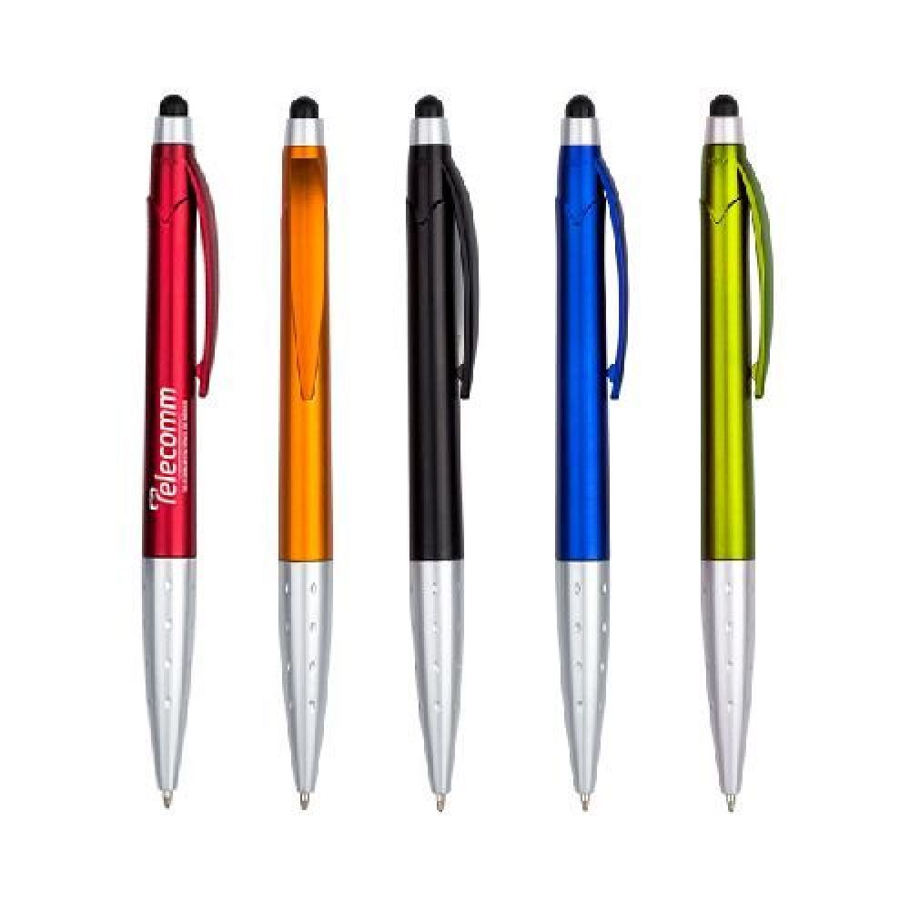 BOLIGRAFO PLASTICO TAU   Bolígrafo de plástico con apariencia metálica. La parte inferior está diseñada en color plata que lo hace lucir con gran estilo al contar con pequeñas hendiduras en forma oval para una mejor sujeción. Touch en color negro. Mecanismo retráctil. imagen