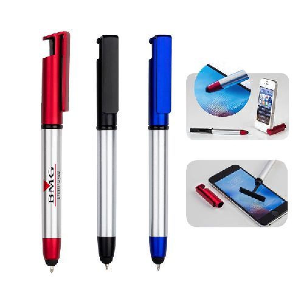 BOLIGRAFO PLASTICO ADAM   Bolígrafo de plástico, apariencia metálica con función dual de puntero para dispositivos touch; pantalla plegable integrada para limpiar dispositivos móviles. Tapa extraíble diseñada para usarse como base de teléfono celular. Mecanismo retráctil. imagen