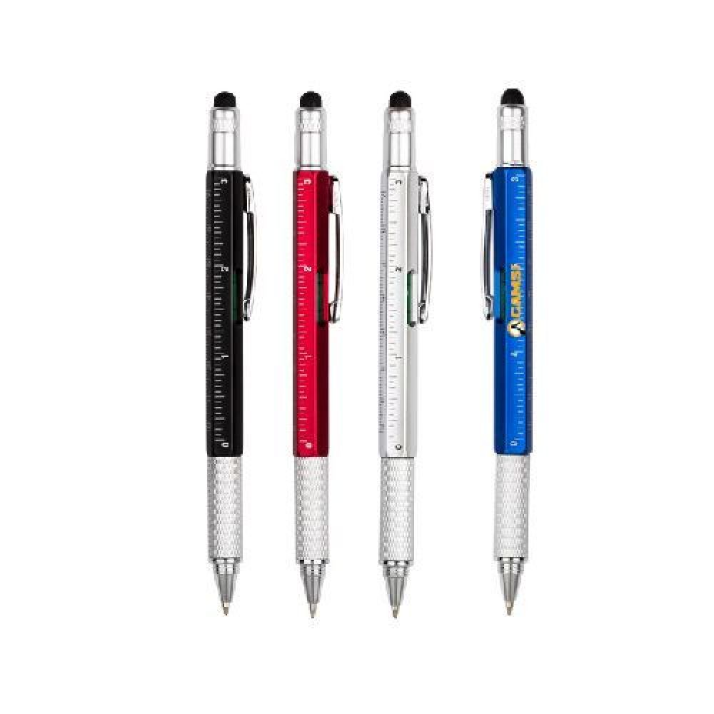BOLIGRAFO PLASTICO HEXA   Bolígrafo de plástico 6 en 1, diseño de cuerpo hexagonal que cuenta con regla de 7 cm y 3 pulgadas, nivelador y clip de metal. Puntero para pantallas táctiles. Incluye punta destornillador plano y de cruz, que se guarda y fija en el cuerpo de la pluma. Mecanismo retráctil. imagen