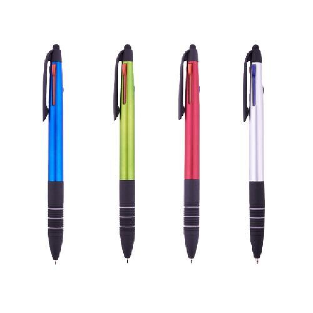 BOLIGRAFO DE PLASTICO MULTIPEN   Bolígrafo plástico con terminado metalizado. Tiene integradas 3 tintas: negra, roja y azul. Parte inferior con goma antideslizante en negro con detalles de arillos en gris. Cuenta con touch para dispositivos táctiles. Mecanismo deslizante para cambio de tinta. imagen
