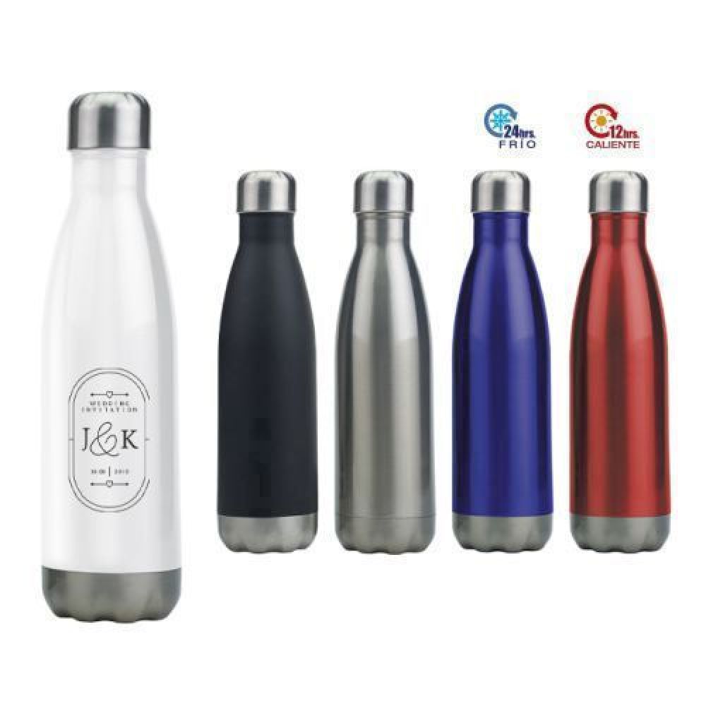 TERMO DOBLE PARED ACERO INOX.  PRESTON   Termo de acero inoxidable en forma de botella, cuenta con doble pared insulada al vacío y capa interior de cobre, conserva el frío por 24 hrs. y el calor por 12 hrs. Tiene tapa de rosca hermética anti derrames. CAP. 480 ml. Presentación: caja en color blanco. imagen