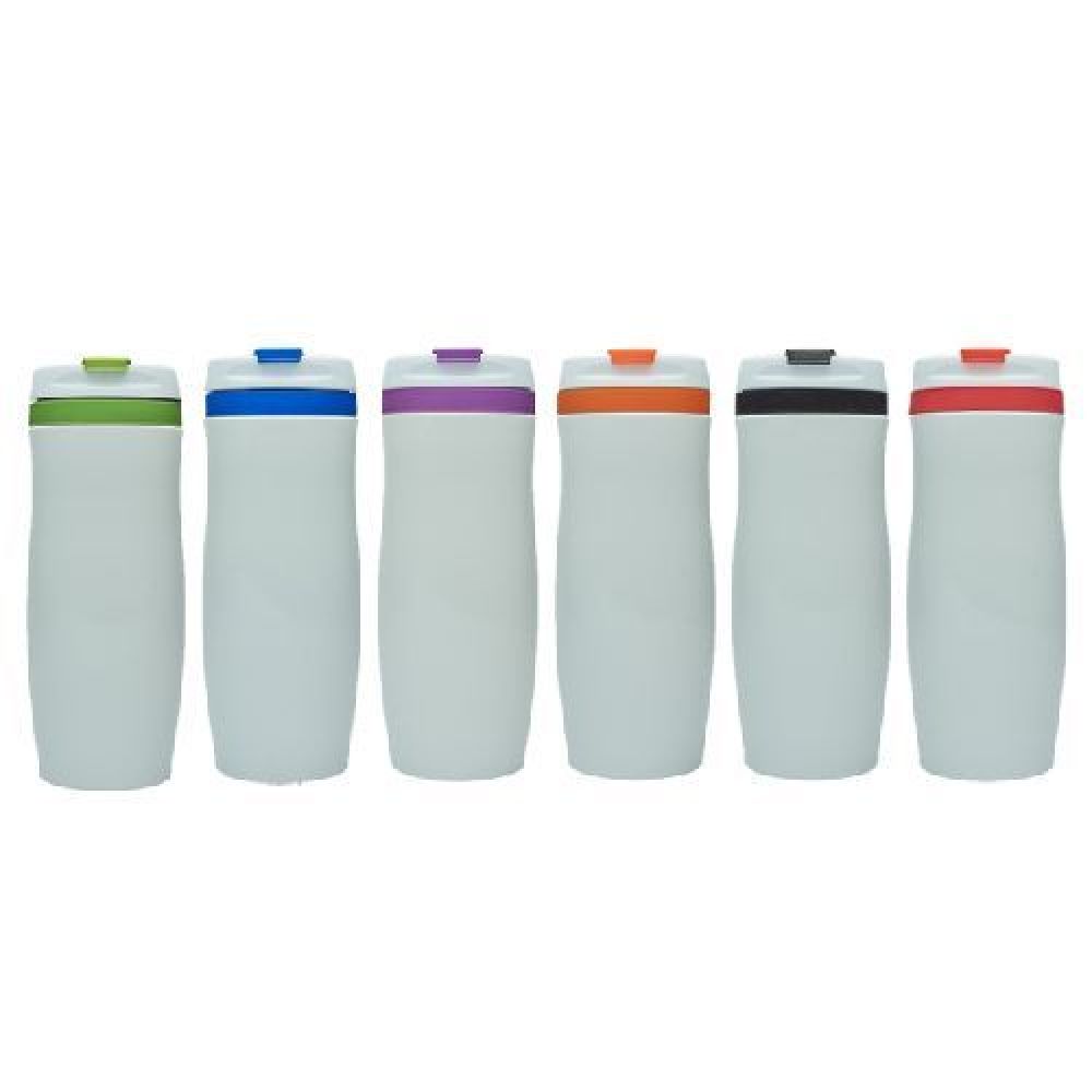 TERMO DE ACERO INOXIDABLE DE 400 ML.  ZEKI   Termo metálico con diseño ergonómico, con acabado en esmalte blanco y banda superior de silicón en color. Cuenta con interior en acero inoxidable, tapa de rosca hermética, seguro para líquidos con bisagra en color y goma anti derrapante en la base. CAP. 400 ml. Presentación: caja en color blanco. imagen