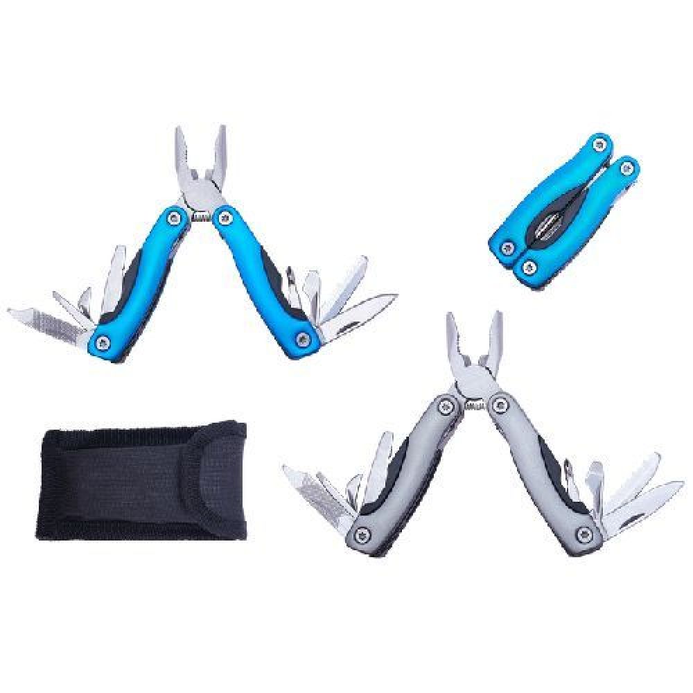 HERRAMIENTA PLEGABLE DEMIR   Herramienta plegable con 9 funciones. Incluye: pinzas de punta, 2 desarmadores planos, desarmador de cruz, cuchillo, sierra, destapador doble, lima y cuña metálica. Con superficie antideslizante para mejor manipulación. Incluye estuche de tela. Presentación: caja en color blanco. imagen