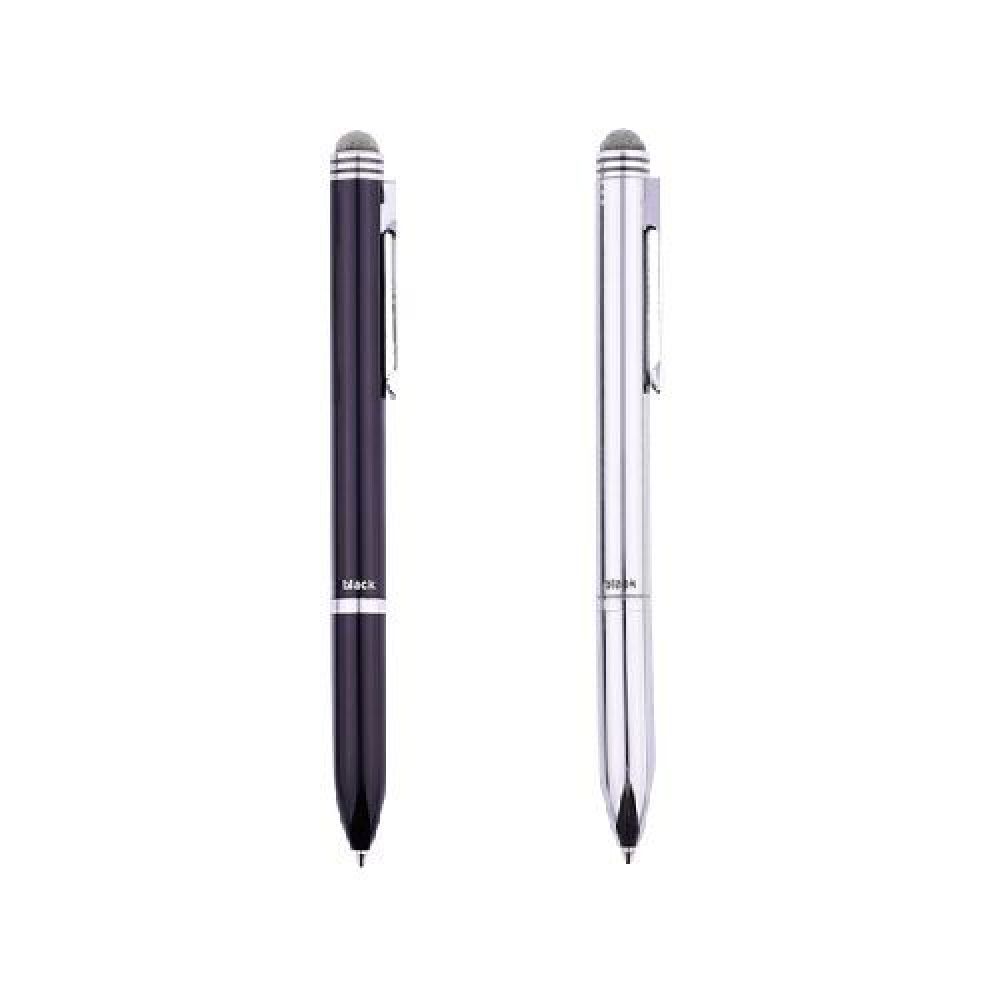 BOLIGRAFO AVERSA Bolígrafo metálico con acabado brillante y elegante diseño. Punta touch de malla metálica firmemente tejida para un rendimiento superior y preciso en dispositivos táctiles. Mecanismo twist, que al girar indica el color de tinta el cual puede ser azul o negro. Presentación: caja en color negro. imagen