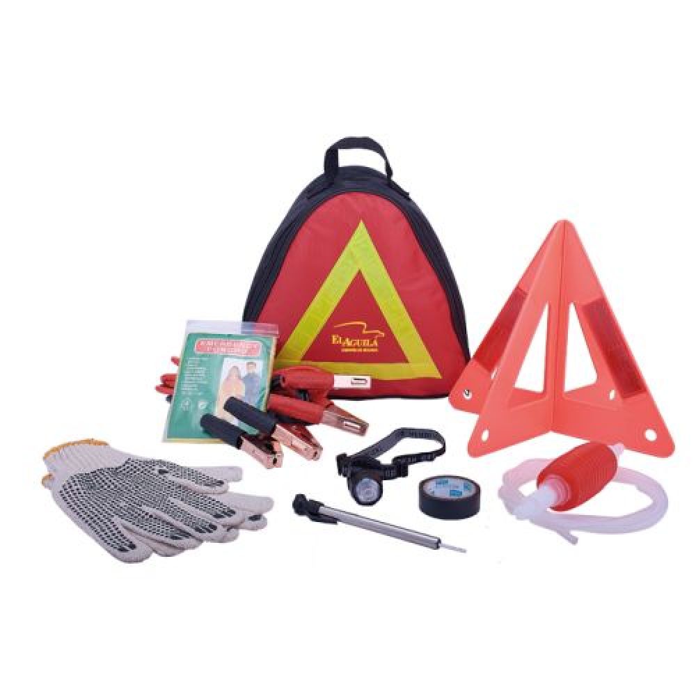 KIT DE EMERGENCIA CARSO  Kit de emergencia para automovilista que contiene: manguera y bomba manual de gasolina, juego de cables pasa corriente de 24 volts, linterna tipo minero con luz LED (utiliza 2 baterías tipo botón incluidas), cinta de aislar, triángulo reflejante de señalización, guantes antiderrapantes, impermeable y calibrador de presión de llantas. Incluye estuche tipo mochila, el cual tiene impreso un triángulo de señalización fosforescente. Presentación: caja en color blanco. imagen