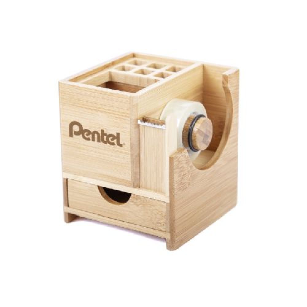 LAPICERA MULTIFUNCIONAL   Lapicera multifuncional de bambú con diferentes ranuras para colocar lápices y bolígrafos. Incluye despachador de cinta adhesiva y cajón. Presentación: caja en color café. imagen