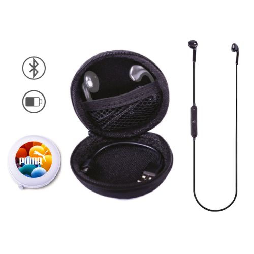 AUDIFONOS BLUETOOTH   Audífonos bluetooth con reproductor de audio y manos libres. Cuenta con dispositivo encendido/apagado, controlador de volumen, botón multifunción para adelantar y retroceder pista, contestar llamadas y marcar la última llamada de salida. Presentación: estuche con cierre al color de los audífonos. imagen