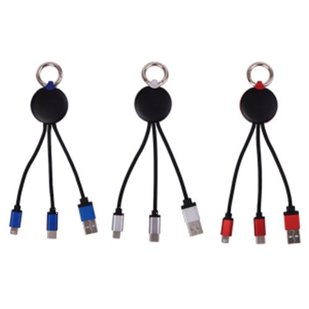CABLE CONECTOR USB KRAKEN   Cable conector USB con adaptador dúo, para iPhone y Android, así como tipo C. Cuenta con arillo metálico de llavero. Al igual que con luz LED que se enciende al conectar. Se recomienda el grabado láser para la visualización de la luz. imagen