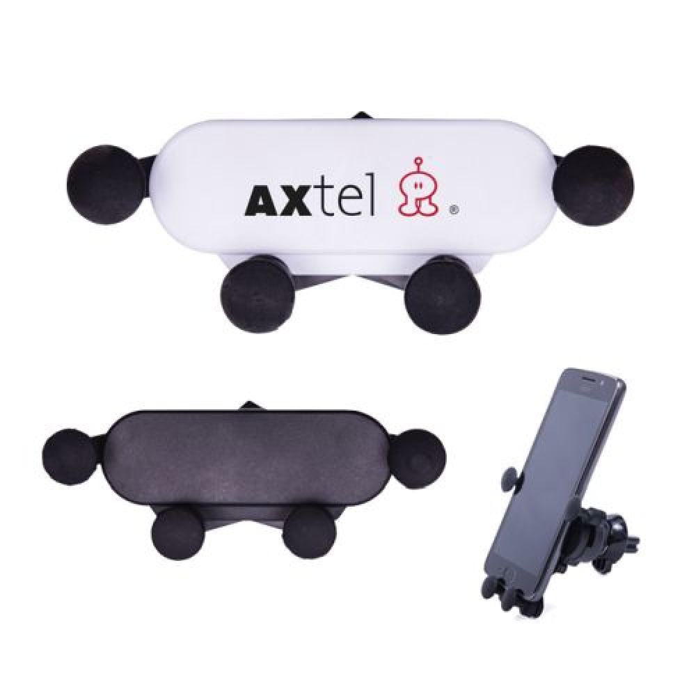 SOPORTE DE CELULAR MOMO   Soporte retráctil con apertura de 5 a 9 cm para teléfonos móviles, 4 gomas antiderrapantes y seguro para evitar movimiento. Se fija en las rejillas del aire acondicionado del auto. imagen