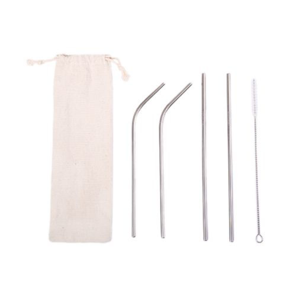 KIT ECOLÓGICO DE POPOTES ACERO INOX.   Kit ecológico de popotes de acero inoxidable. Cuenta con 2 popotes rectos, 2 curvos y 1 cepillo para limpieza de los popotes. Con estuche de algodón de jareta. imagen