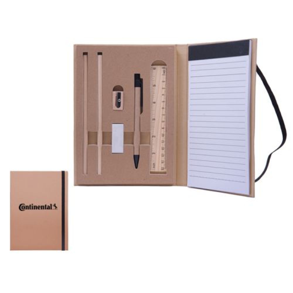 ESTUCHE ECOLÓGICO     Estuche ecológico de cartón con resorte para cerrarse, cuenta con: Block de 40 hojas rayadas, regla de 15 cm, bolígrafo de cartón, goma blanca, sacapuntas y 2 lápices. imagen