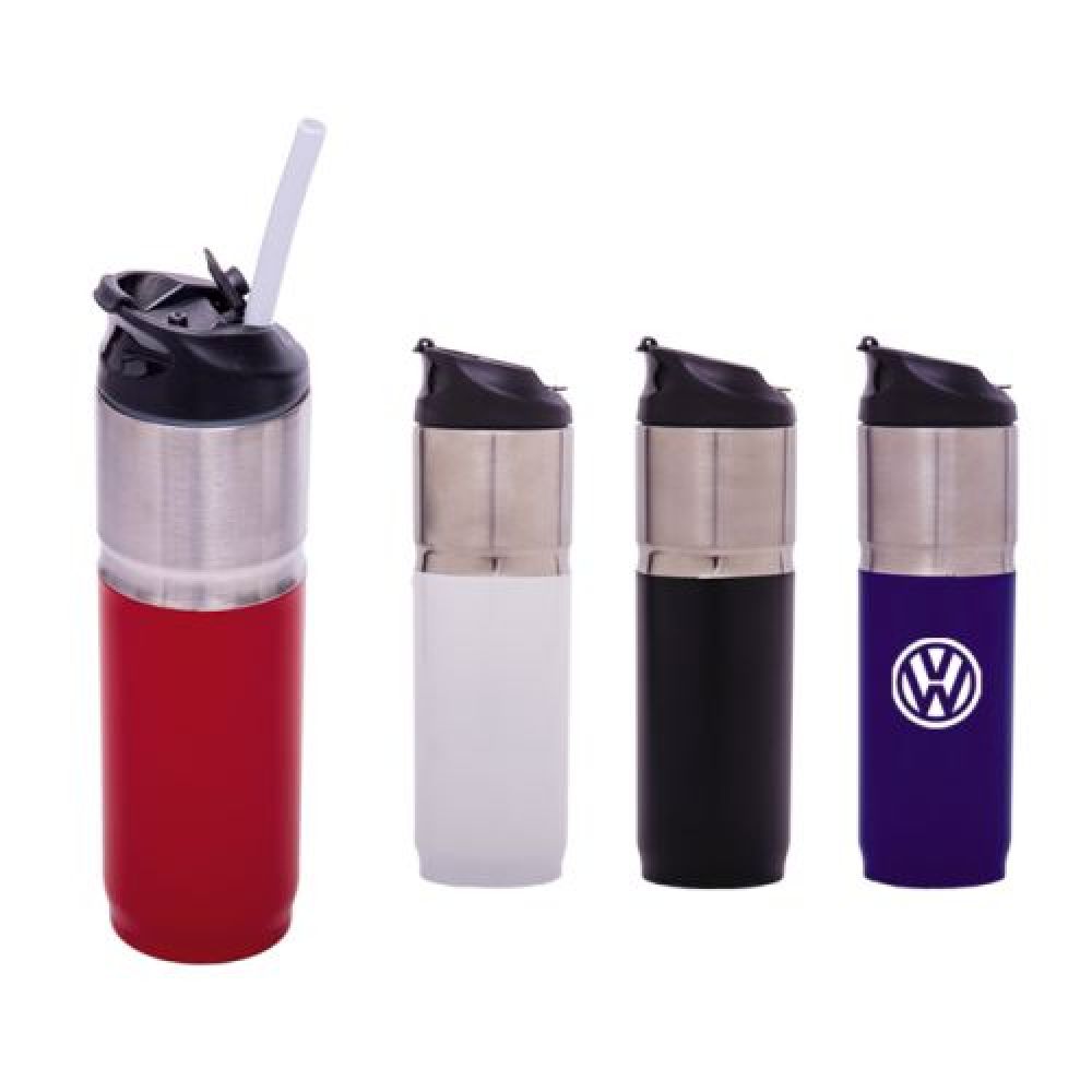 TERMO DE ACERO INOXIDABLE DE 480 ML.    Termo de acero inoxidable de doble pared, con exterior en color plata arriba y de color mate abajo. Tapa de rosca hermética anti derrames con hendidura para popote. Mantiene bebidas calientes por 3 hrs. y frías por 6 hrs. Incluye popote de plástico transparente. CAP. 480 ml. Presentación: caja en color blanco. imagen