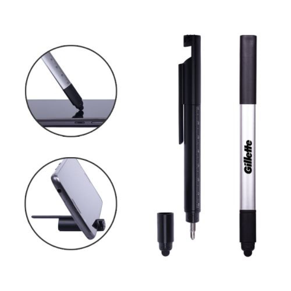 BOLÍGRAFO DE PLÁSTICO    Bolígrafo de plástico 5 en 1, diseño de cuerpo triangular que cuenta con regla de 7 cm. Punta touch para pantallas táctiles. Se puede utilizar como desarmador incluye 2 puntas plano y de cruz que se fija y guarda en el cuerpo de la pluma. Tapa extraíble diseñada para usarse como base de teléfono celular. imagen