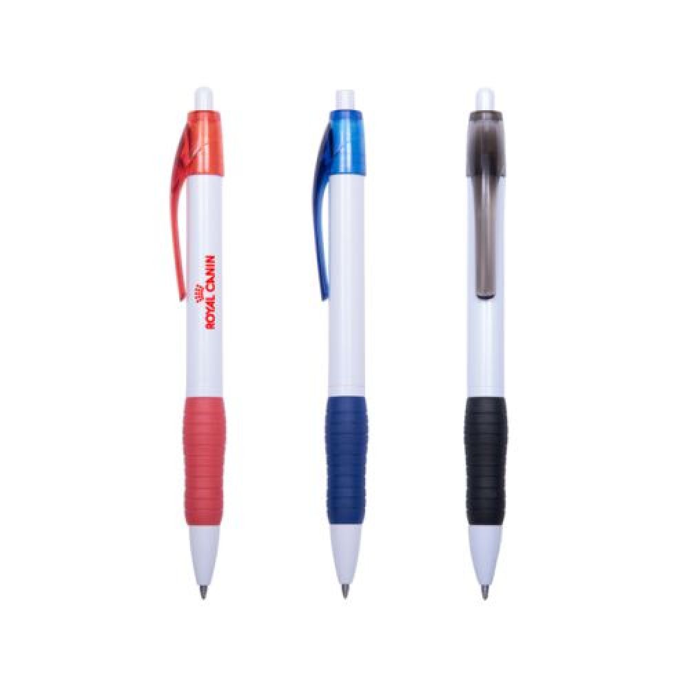 BOLÍGRAFO DE GEL   Bolígrafo de tinta de gel cuerpo blanco y clip. Con goma texturizada antideslizante del color del clip. Mecanismo de click. imagen