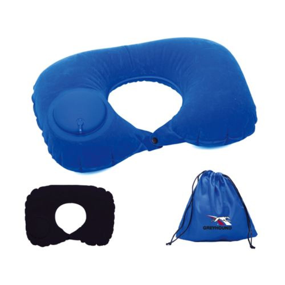 ALMOHADA DE VIAJE    Almohada inflable con acabado de terciopelo para viajes. Sistema para inflarse mecánicamente. Incluye funda. imagen