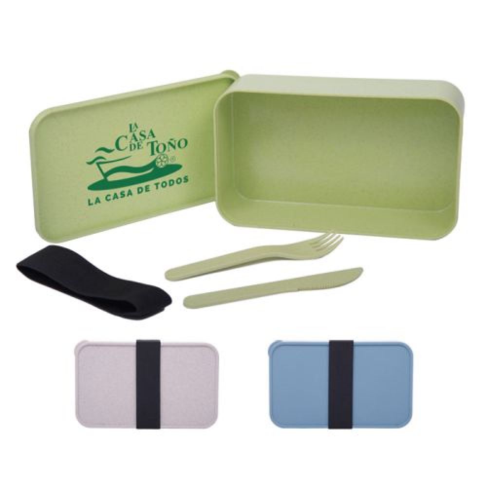 RECIPIENTE PARA ALIMENTOS ECOLÓGICO VENTO  Recipiente para alimentos ecológico a base de fibra de trigo. Incluye tenedor y cuchillo con banda elástica para sujetar los cubiertos. imagen