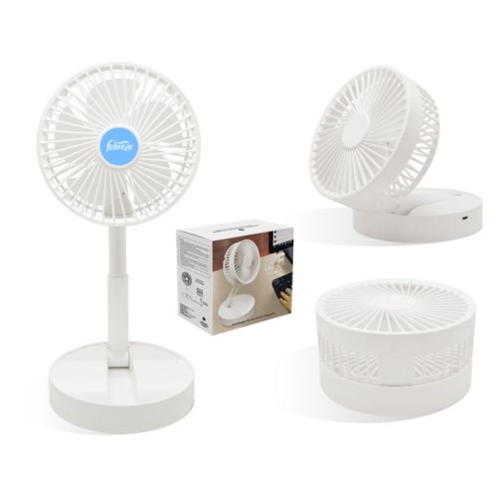 VENTILADOR PLEGABLE OWEN   Ventilador plegable ideal para interior o exterior. Cuenta con botón de encendido, presiona el botón y cambia la velocidad del aire en 3 diferentes intensidades. Cuerpo plegable que permite el movimiento del ventilador para ajustar la dirección del aire. Recarga mediante conexión USB, es plegable y ligero para que puedas llevarlo o guardarlo fácilmente. Incluye cable de carga. Presentación: caja de regalo a color. imagen