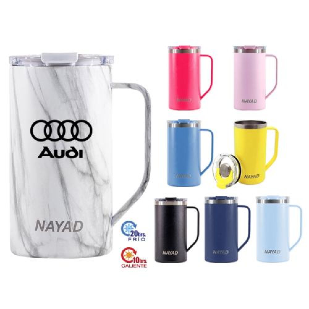 TARRO TÉRMICO DOBLE PARED ACERO INOX. 20 OZ. NAYAD METRO TALL   Termo de acero inoxidable 304 de doble pared marca NAYAD insulado al alto vacío, cuenta con capa interior de cobre que permite mantener las bebidas frías por 20 hrs. y calientes por 10 hrs. Tiene acabado de polvo plástico, asa ergonómica para un agarre más firme. Incluye tapa de tritan con cierre a presión, detalle metálico en el centro y tapón abatible que permite beber fácilmente. CAP. 590 ml. (20 OZ). Presentación: Caja de color. imagen