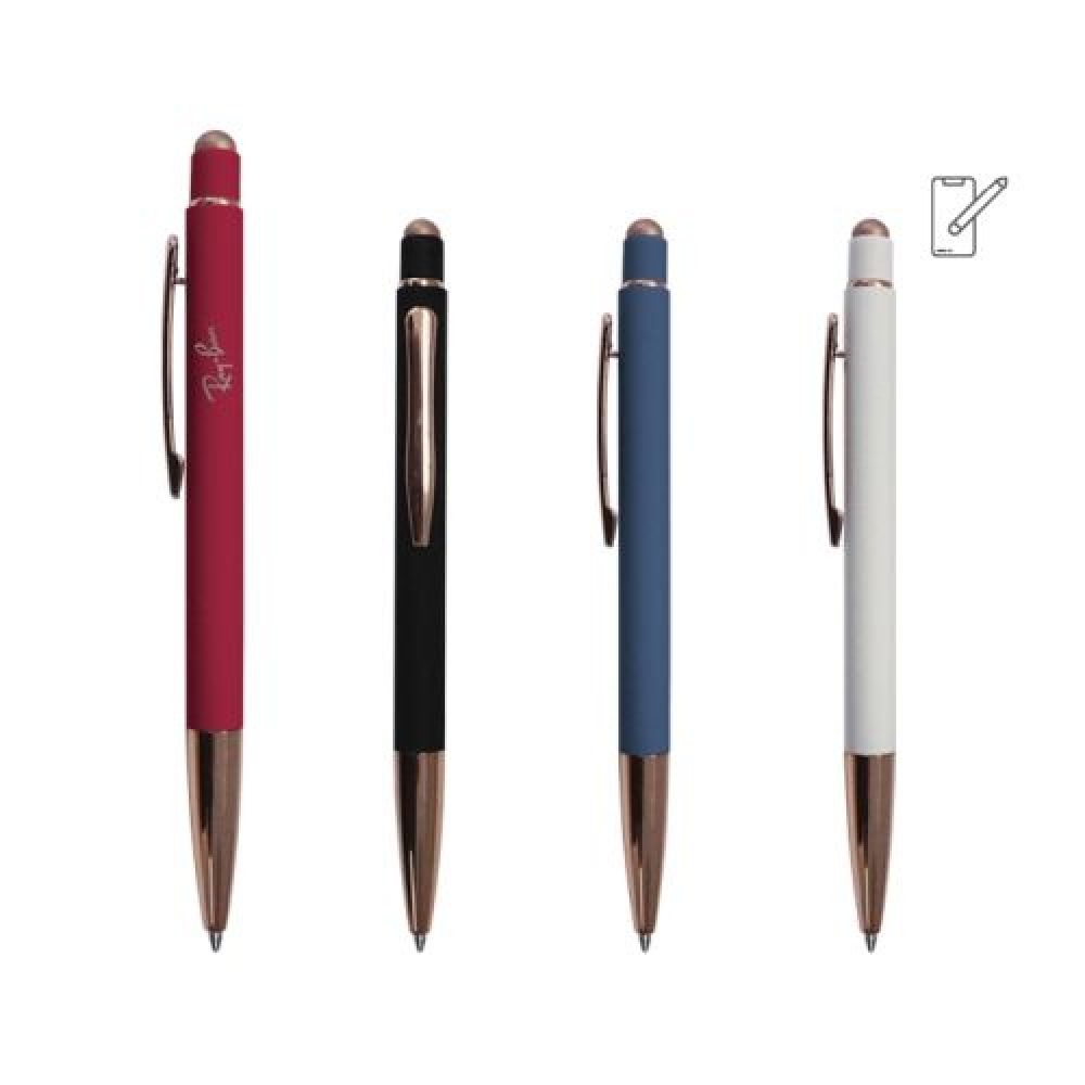BOLÍGRAFO METÁLICO CON TOUCH LEIA   Bolígrafo metálico de tinta negra alemana de 1.0 mm., con acabado de goma, suave al tacto; con punta y touch con terminado brillante en color oro rosa. Mecanismo de click. imagen