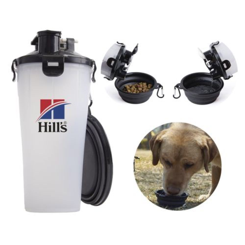 SET PARA MASCOTAS PET KIT  Recipiente para mascotas con 2 compartimentos: 1 para alimentos secos, y otro para agua, cuenta con tapa de 4 broches y 2 boquillas para servir, rejilla de plástico para evitar mezclar los alimentos. Incluye plato de silicona plegable con arnés para colgar al recipiente. Cap. 350 ml. (líquido) / 12 oz (alimento). imagen