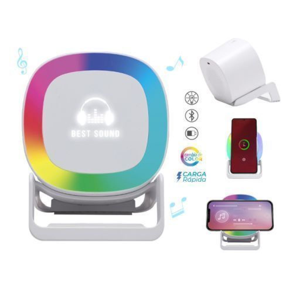ALTAVOZ CON CARGADOR INALAMBRICO MILEY  Bocina Bluetooth portátil de carga rápida Qi (15W), cuenta botón touch para encender/apagar y cambiar la modalidad de la luz, luz LED multicolor, al grabar en láser en el centro de la bocina, destapa con luz LED. Cuenta con 2 bases como soporte para colocar el dispositivo móvil de manera vertical y horizontal, puerto de carga entrada tipo C. Incluye cable de carga. Compatible con dispositivos Android e iOS. Presentación: caja de regalo a color. imagen