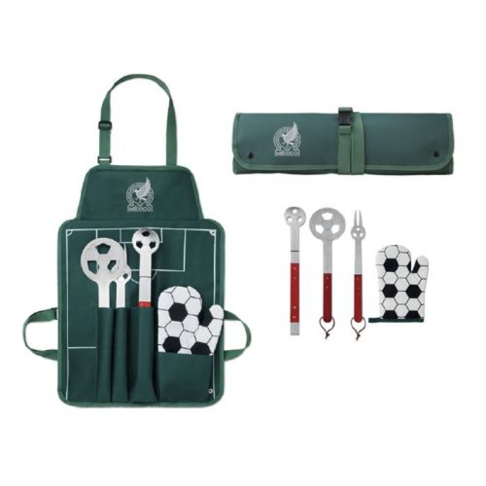 SET DE BBQ GLADIADOR   Set de BBQ con diseño de fútbol con 5 piezas: volteador, pinzas, tenedor, guante y mandil que sirve como funda para guardar los accesorios con cinta ajustable. Incluye 2 broches y correa de seguridad. Presentación: caja en color blanco. imagen