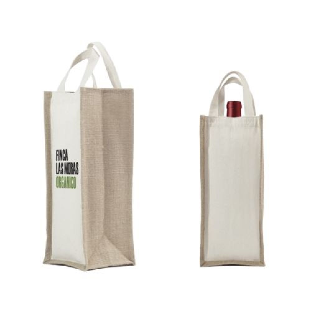 BOLSA DE ALGODÓN PARA BOTELLAS VINAGRETO  Bolsa de algodón cosida, ideal para botellas de vino, con laterales de yute e interior plastificado y asas de algodón. imagen