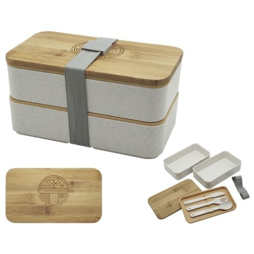 BOX LUNCH BAMBÚ ROBLE  Box lunch doble de fibra de trigo con tapa de bambú que incluye: base divisora con 3 cubiertos (cuchara, tenedor y cuchillo), separador de alimentos y resorte de seguridad para fácil cierre. imagen