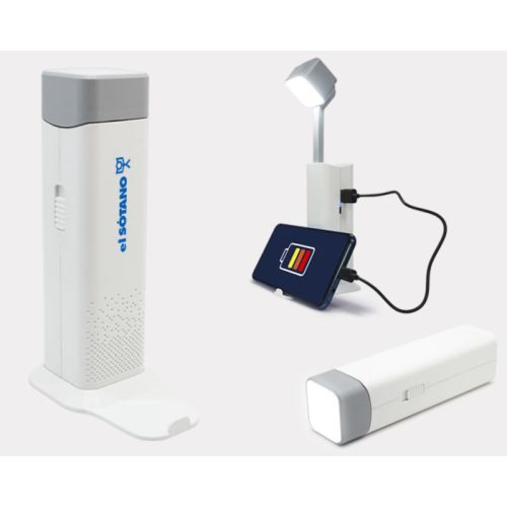LÁMPARA POWER BANK PIXAR   Lámpara de lectura plegable de manejo portátil que incluye: luz led con botón de 3 intensidades (con duración aprox. de 4 hrs.) base desprendible que se utiliza como soporte para celular, power bank con capacidad de 1200 mAh con puerto usb y entrada de carga. Incluye cable de carga universal. Presentación: caja en color blanco. imagen