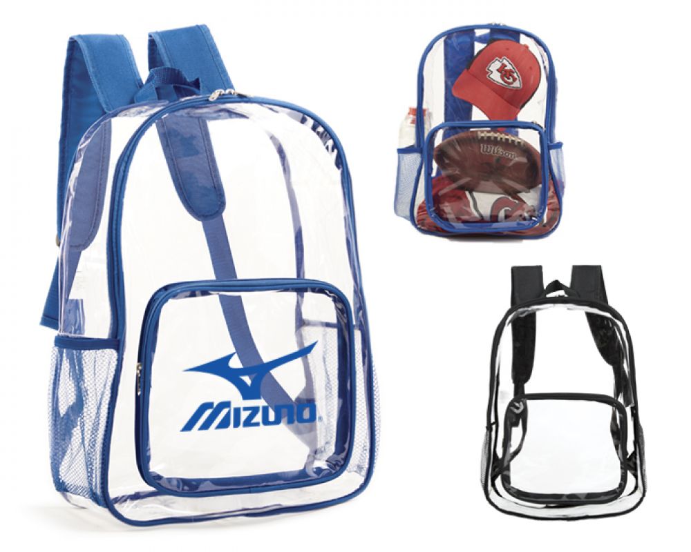 MOCHILA PVC STUDENT Mochila escolar de PVC transparente, con un compartimento frontal, bolsillos de malla laterales, asa superior y tirantes con correas ajustables. imagen