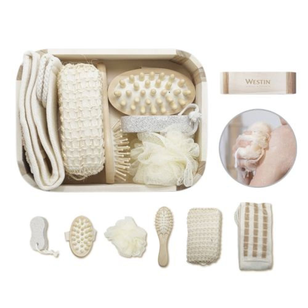 SET CUIDADO PERSONAL BEAUTY   Set de aseo y cuidado personal que incluye: esponja para baño, borla de baño con asa, toalla con agarraderas y compartimento para jabón, cepillo de madera, masajeador de madera con asa y piedra pómez con cordón. Incluye base de madera. Presentación: Caja en color blanco. imagen