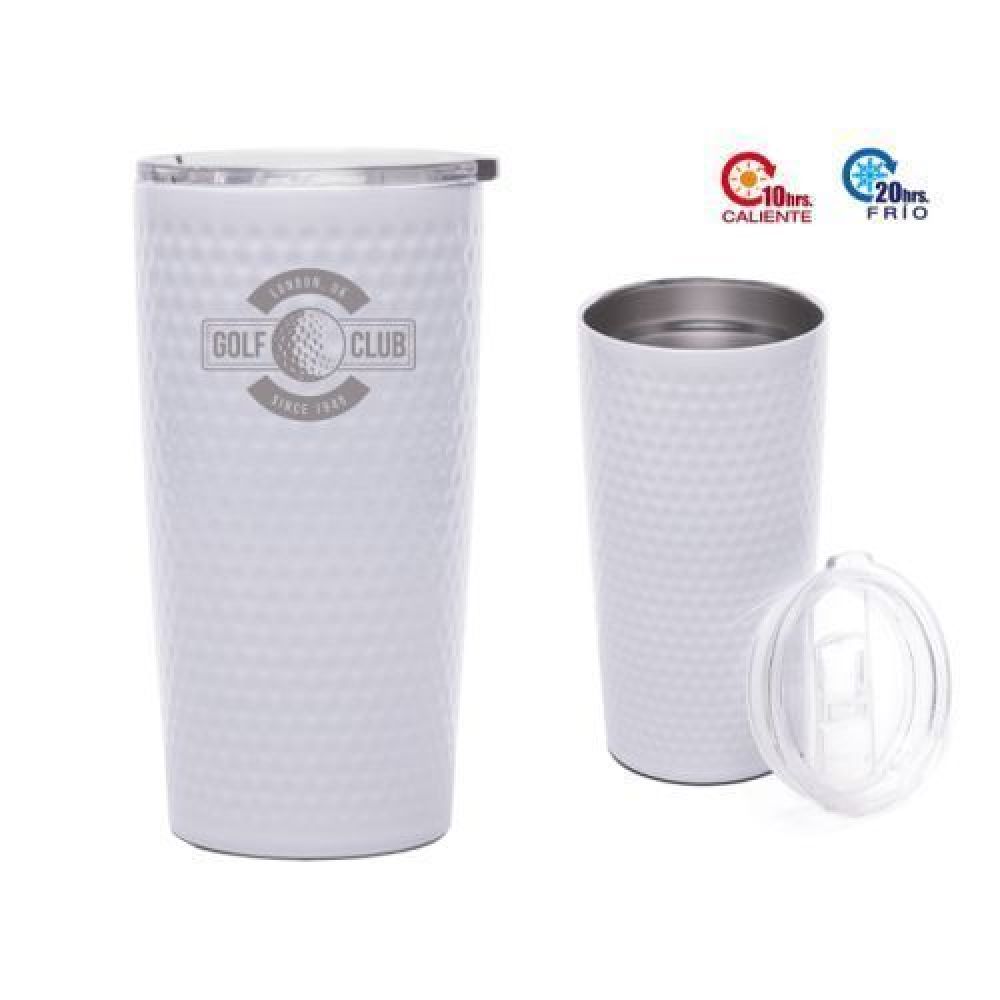 TERMO DE ACERO INOXIDABLE DE 590 ML. TIGER Termo de doble pared de acero inoxidable insulado al alto vacío, tiene una sutil textura de pelota de golf; conserva las bebidas calientes por 10 hrs. y frías por 20 hrs. Cuenta con tapa a presión transparente con seguro deslizable. CAP. 590 ml. Presentación: caja en color blanco. imagen