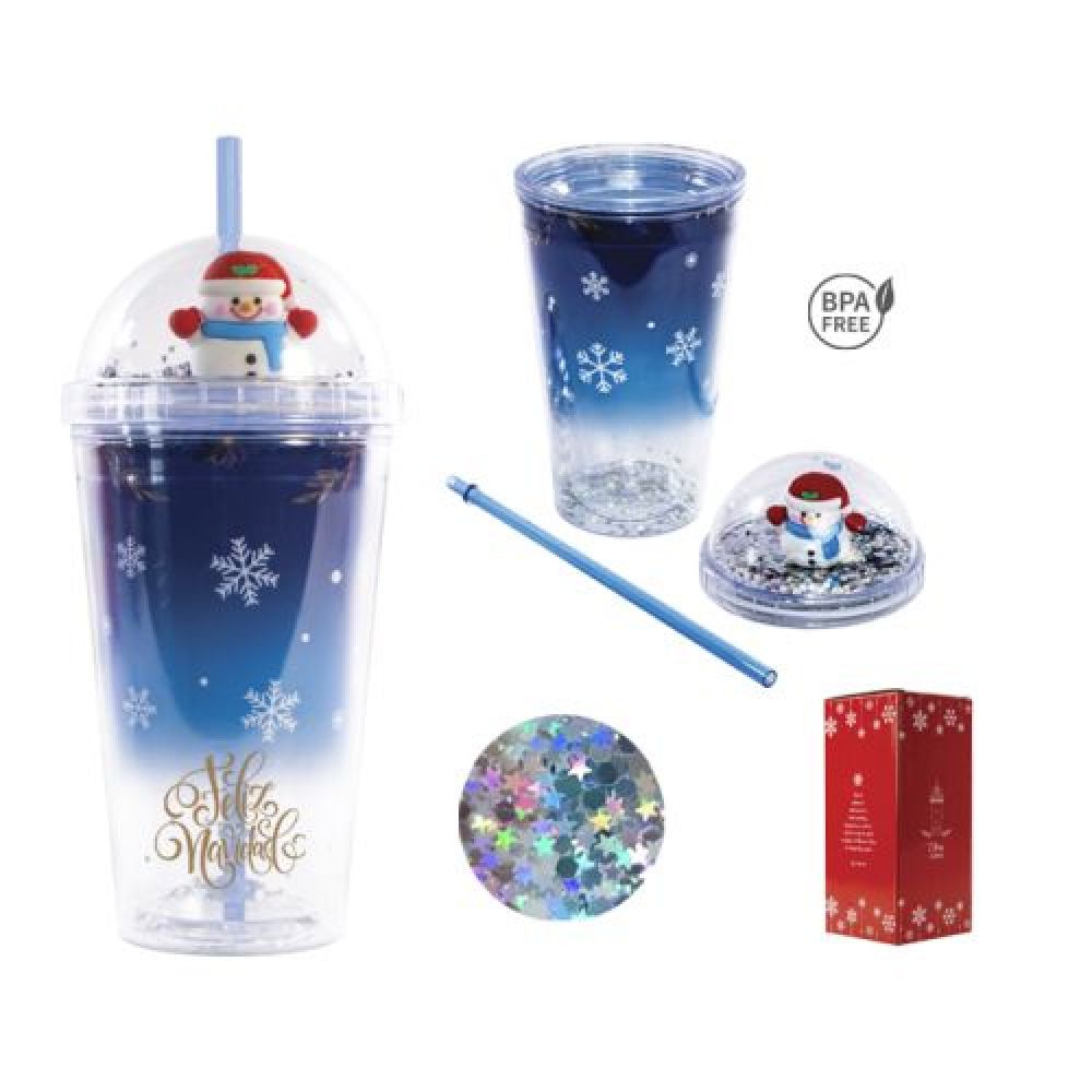 VASO DE PLÁSTICO DOBLE PARED CHRIS   Vaso de plástico de doble pared con diseño navideño y lentejuela en su interior. Cuenta con tapa de cúpula con figura de Muñeco de Nieve con lentejuelas y popote. CAP. 500 ml. Presentación: caja de regalo de color. *BPA FREE. imagen