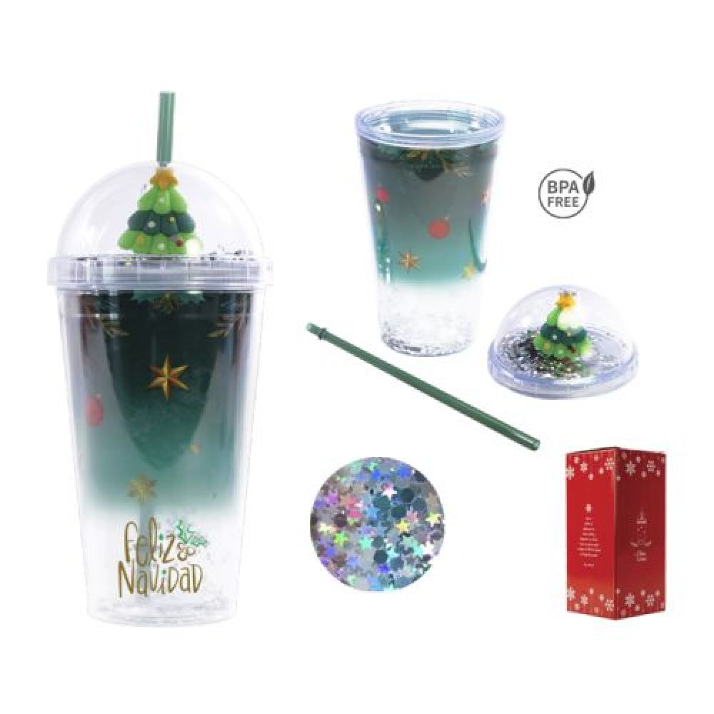 VASO DE PLÁSTICO DOBLE PARED PINE   Vaso de plástico de doble pared con diseño navideño y lentejuela en su interior. Cuenta con tapa de cúpula con figura de Árbol de Navidad con lentejuelas y popote. CAP. 500 ml. Presentación: caja de regalo de color. *BPA FREE. imagen