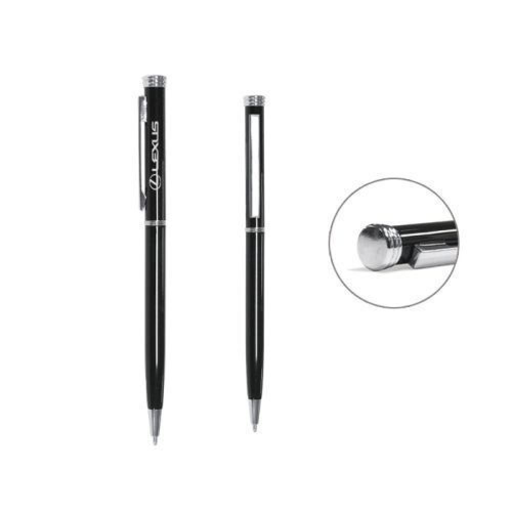 BOLÍGRAFO METÁLICO VIVALDI    Bolígrafo metálico de suave escritura y cuerpo delgado en color negro satinado, cuenta con clip, punta, anillos centrales y detalle superior cromados. Mecanismo retráctil. imagen