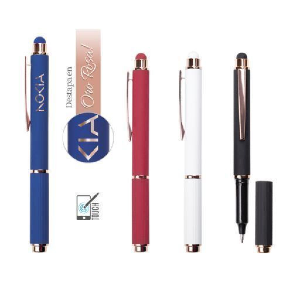 BOLÍGRAFO CON TAPA Y TOUCH SCREEN LOHAN  Bolígrafo de aluminio tipo roller, con acabado de goma suave al tacto y detalles en oro rosa. Cuenta con touch screen en la parte superior del color del bolígrafo y su tapa cuenta con sutiles líneas verticales. Al grabar en laser CO2, destapa en color oro rosa. imagen