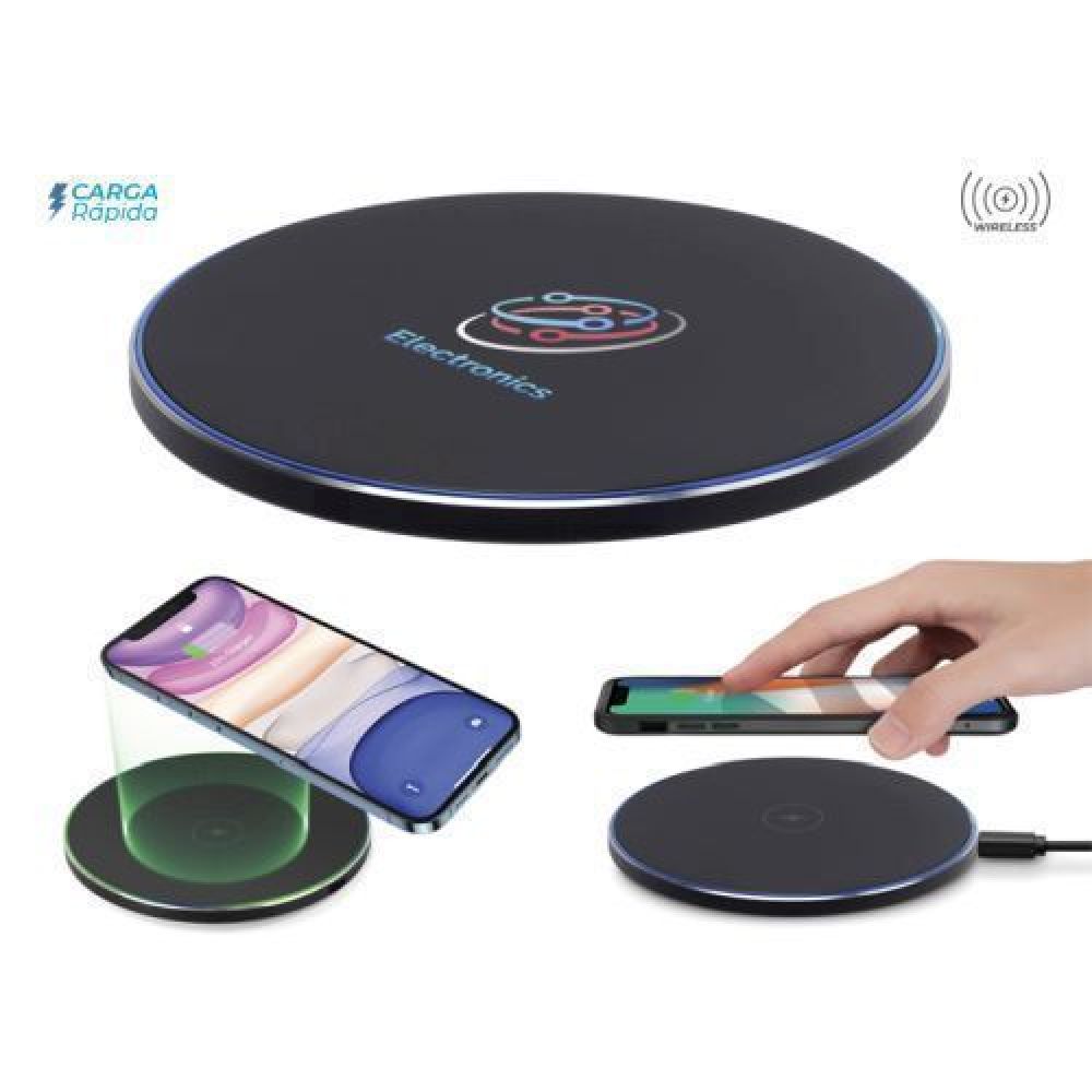 BASE CARGADOR INALÁMBRICO CON LUZ POISON    Base cargador inalámbrica de carga rápida Qi (15W), con luz LED que cambia de color al cargar un dispositivo, puerto de carga tipo C. Incluye cable de carga. Compatible para dispositivos Android e iOS. Presentación: caja de regalo a color. imagen