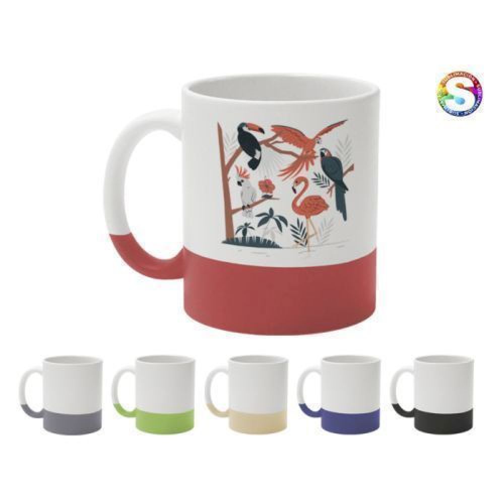 TARRO BICOLOR    DE SUBLIMACIÓN 11 OZ GRES   Tarro blanco mate de arcilla para sublimación, con base y media asa de color. CAP. 325 ml. (11 OZ). imagen