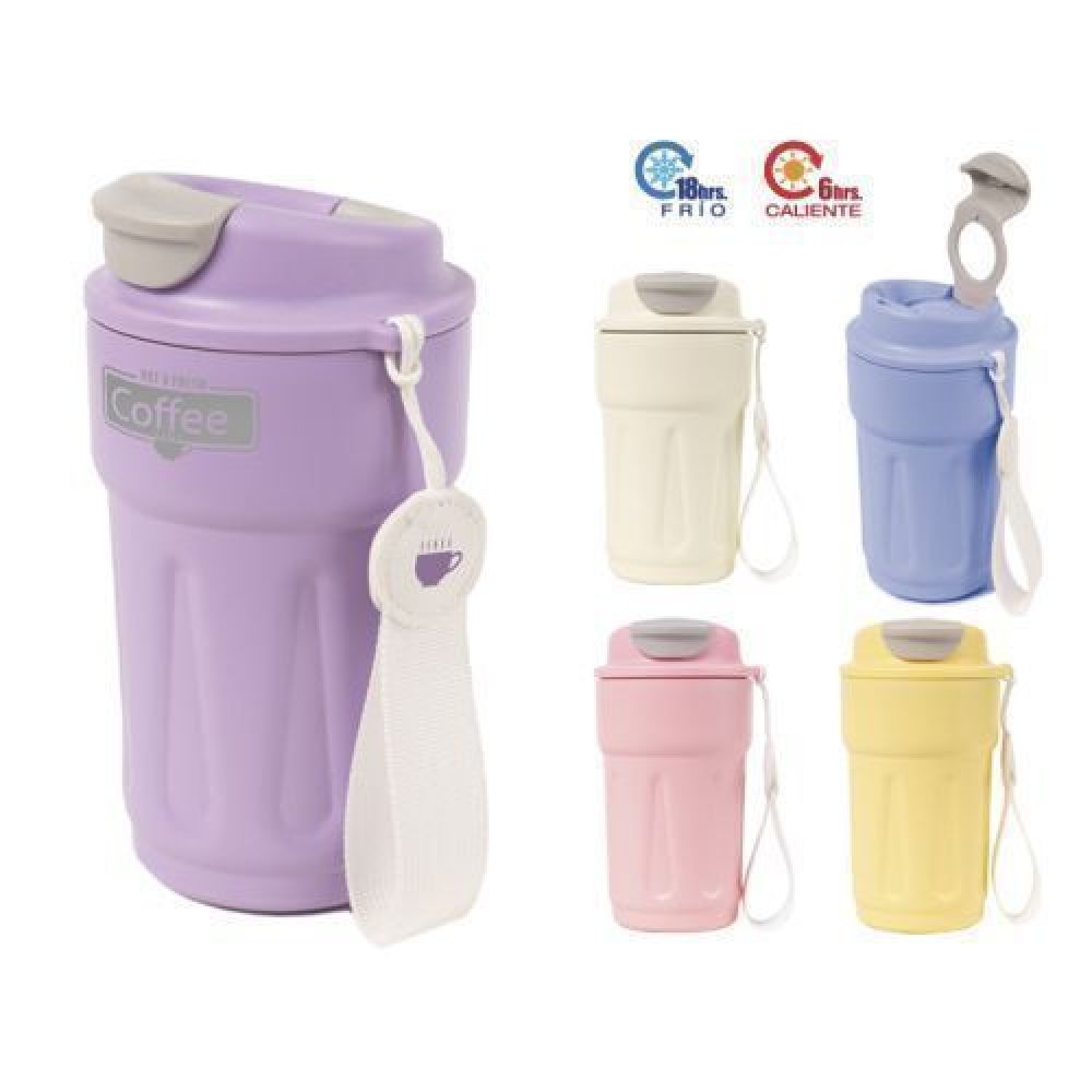 TERMO DE ACERO INOXIDABLE DE 420 ML. GODERE    Termo con doble pared de acero inoxidable insulado al alto vacío. Mantiene bebidas calientes por 6 horas y frías por 18 horas. Tiene tapa antiderrames con cierre de rosca y seguro elevable en color gris. Cuenta con una jareta removible con detalle en curpiel. CAP. 420 ml. Presentación: Caja de regalo a color. imagen