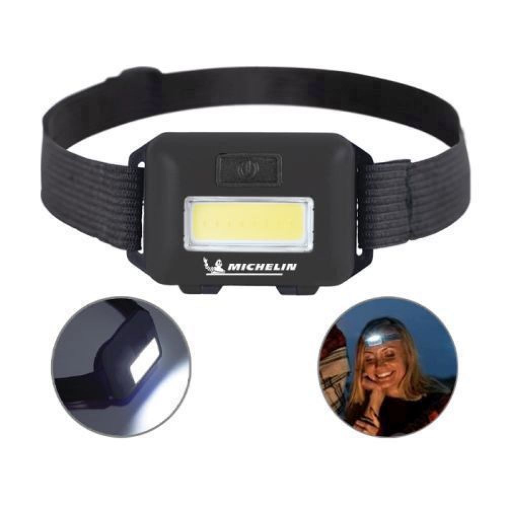 LÁMPARA FRONTAL LED DE PLÁSTICO MINERO    Lámpara frontal de luz LED de (3W) resistente a la lluvia, con botón de encendido y apagado, 3 modalidades de luz y cinta de resorte con broche para ajustar. Utiliza 3 baterías AAA (incluidas). Presentación: Caja de regalo a color. imagen