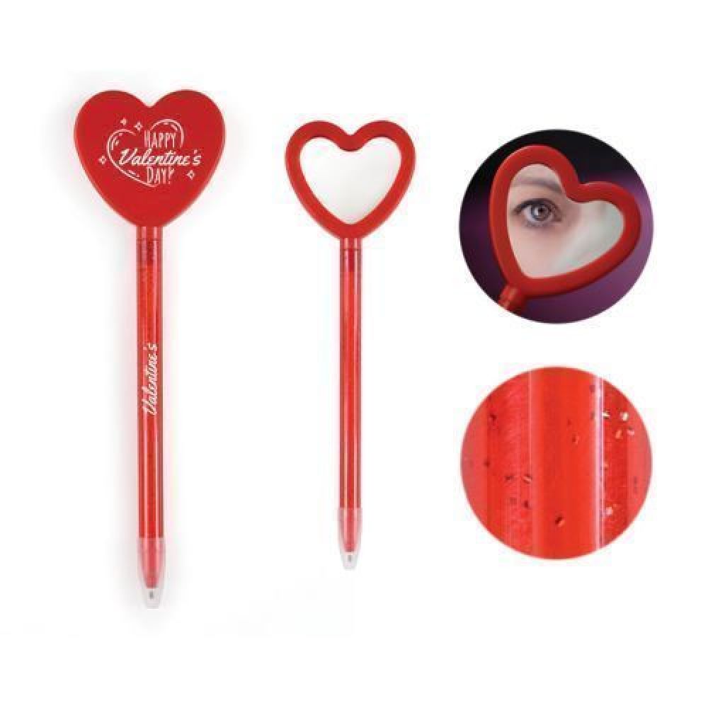BOLÍGRAFO PLÁSTICO EN FORMA DE CORAZÓN LATIDO    Bolígrafo delgado de plástico traslucido con cuerpo de glitter y forma de corazón con espejo. imagen