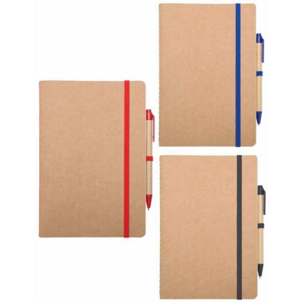 Libreta ecológica de 60 hojas    s con cubiertas de cartón reciclado, incluye bolígrafo de cartón con mecanismo de click. Tiene resorte para sujetar el bolígrafo y otro para mantener cerrada la libreta imagen