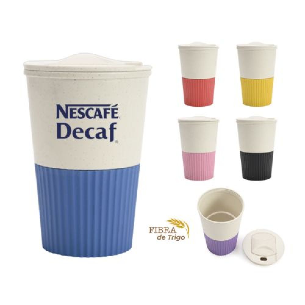 Vaso de fibra de trigo, con tapa de rosca y seguro deslizable, cuenta con diseño de manga de color texturizada. CAP. 380 ml. imagen