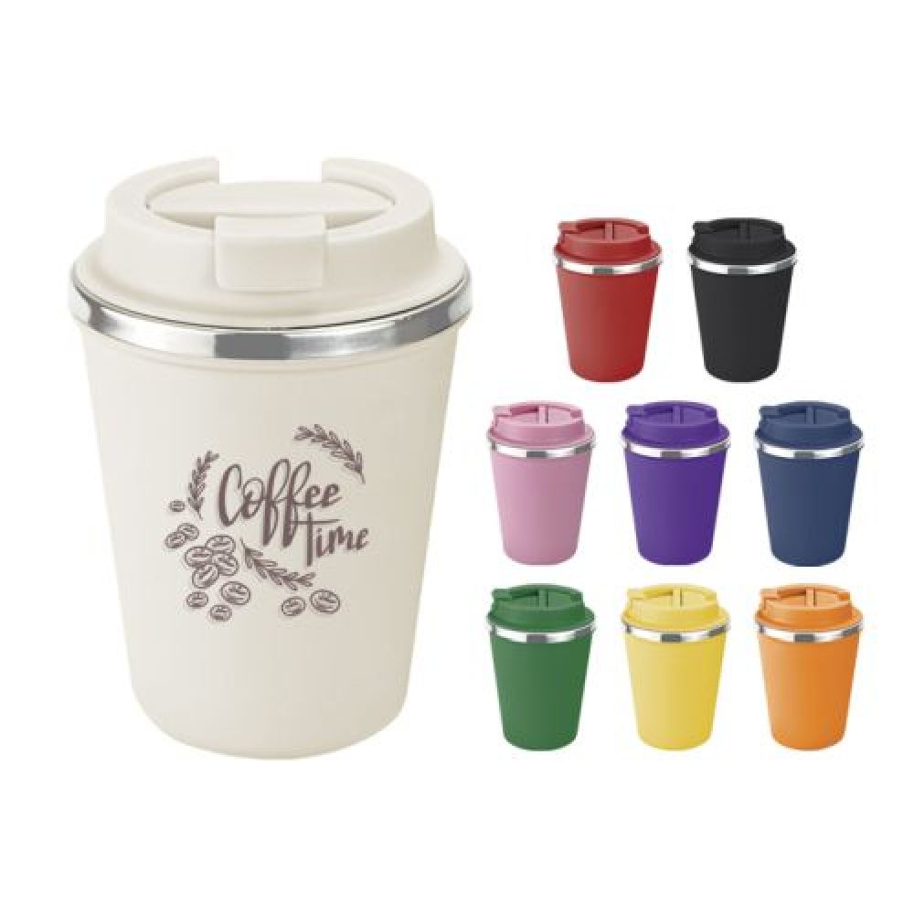 Vaso térmico con exterior de plástico e interior de acero inoxidable. Cuenta con tapa de rosca y boquilla con seguro. Cap. 350 ml (12 OZ imagen