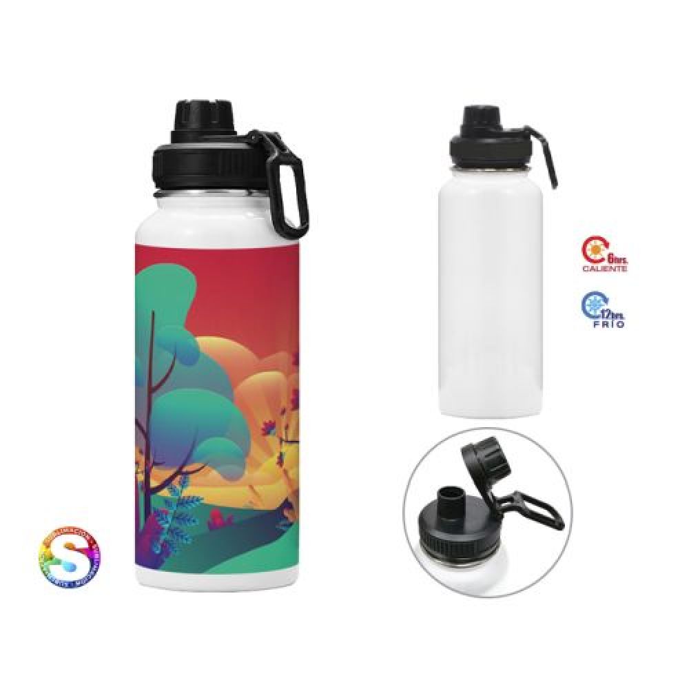 Termo de doble pared para sublimación insulado al alto vacío. Mantiene las bebidas frías por 12 hrs. y calientes por 6 hrs. Tapa de rosca con boquilla y asa para sujetarlo fácilmente. CAP. 1,200 ml. (40 OZ). Presentación: imagen